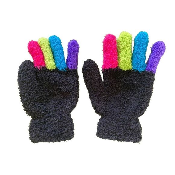 Fuzzy Rainbow Gloves Multicolor Kids Winter Fleece Ski - Picture 1 of 4